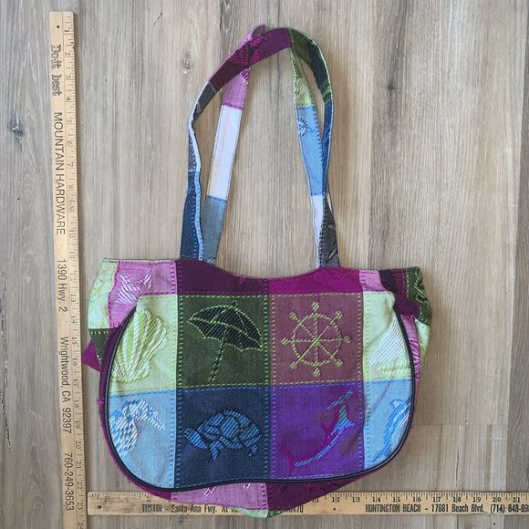 Womens Fabric Tote Bag Multi-Color Squares Zipper Shoulder Purse - Picture 6 of 7